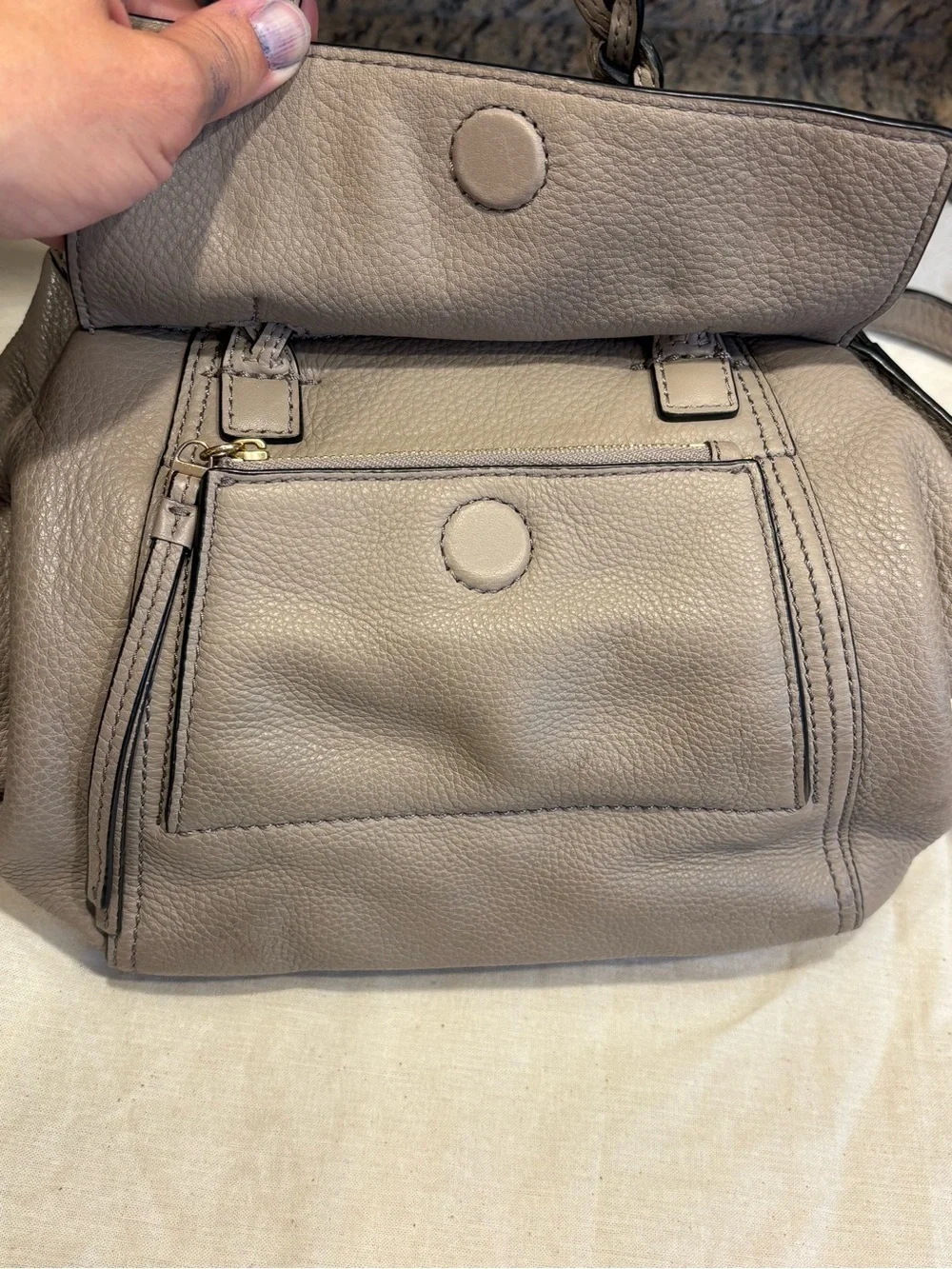 Tory Burch Neutral Taupe Braided-Handle Pebbled Leather Satchel